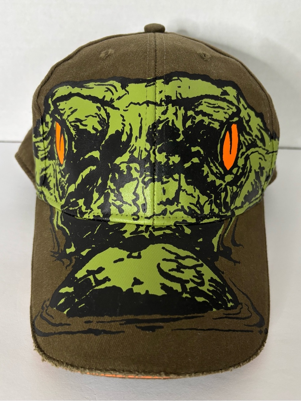 Unbranded Olive Green Reptile Print Baseball Cap with Orange Eye Accent